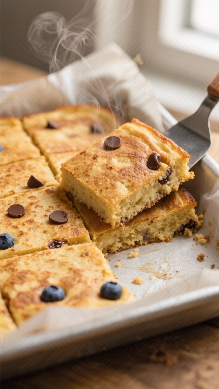 Close-up detail: A just-baked banana protein pancake bake cut into squares in a 9x9 pan, golden top 