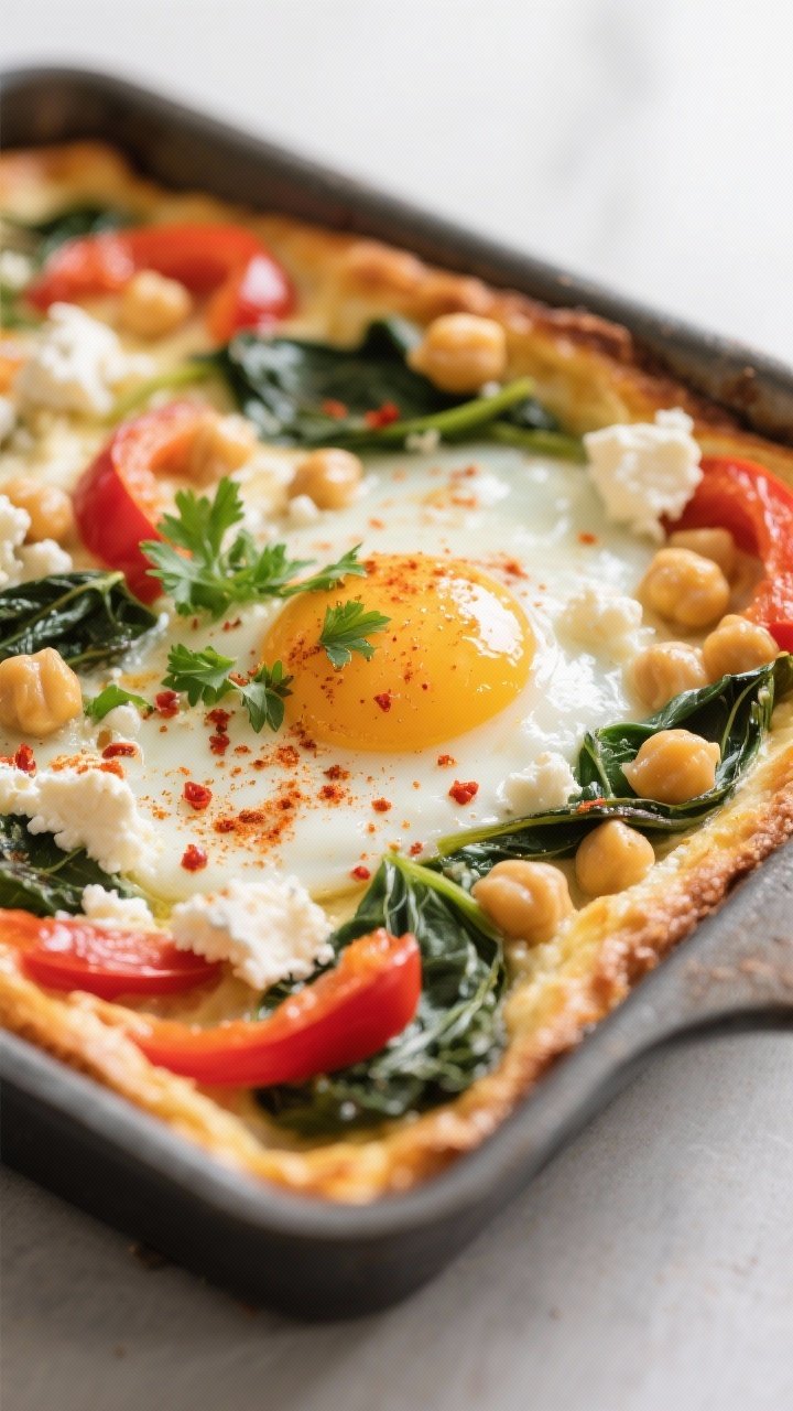 Close-up detail: A just-baked chickpea egg bake square fresh from the pan, edges lightly golden with