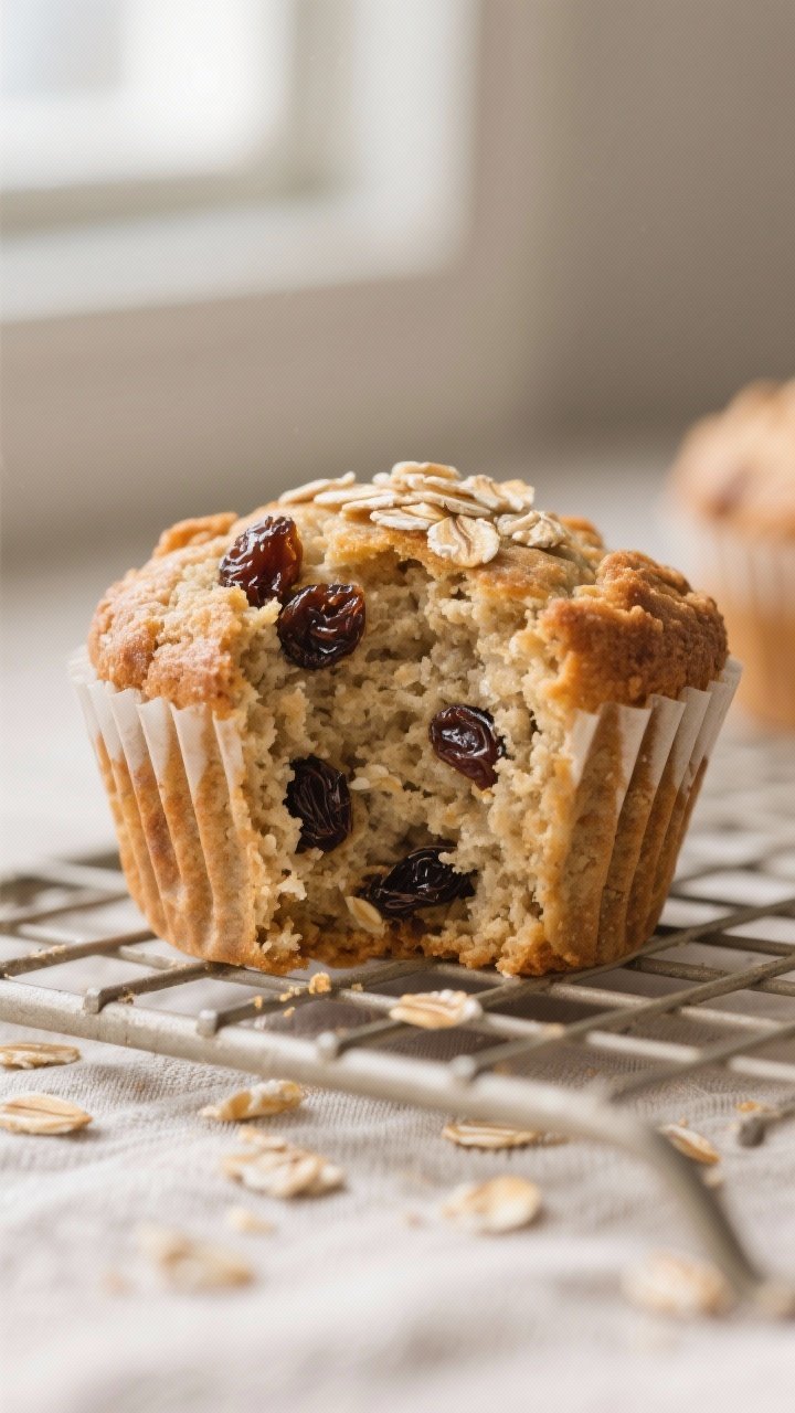 Close-up detail: A just-baked oatmeal raisin fiber muffin torn open on a cooling rack, showing a moi