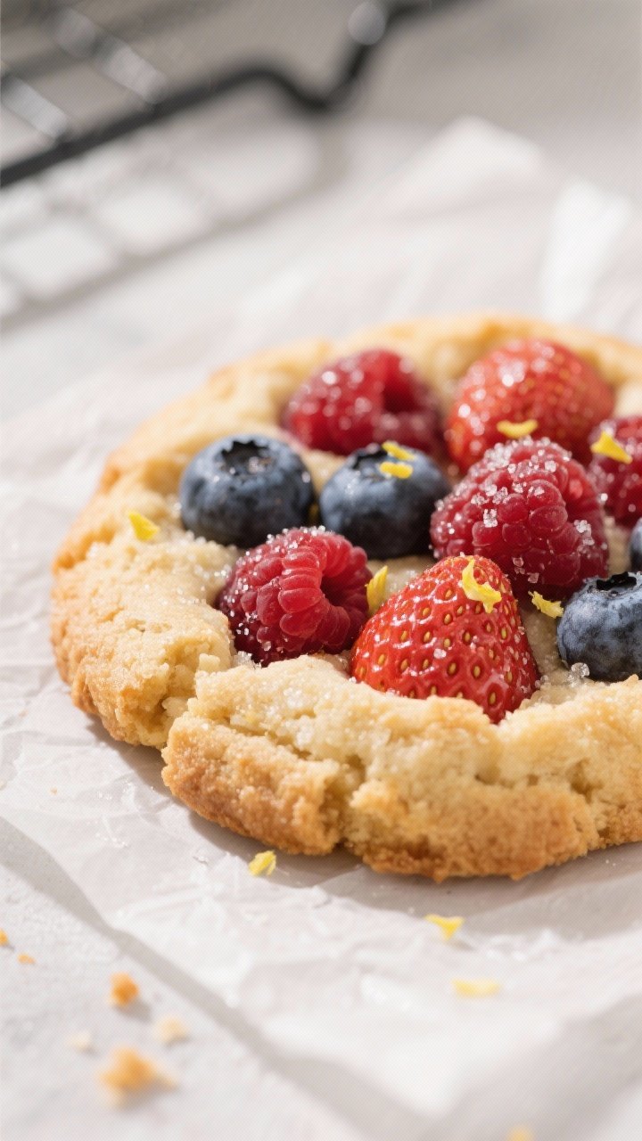 Close-up detail: A just-baked spring berry cookie resting on parchment, edges lightly golden and cri