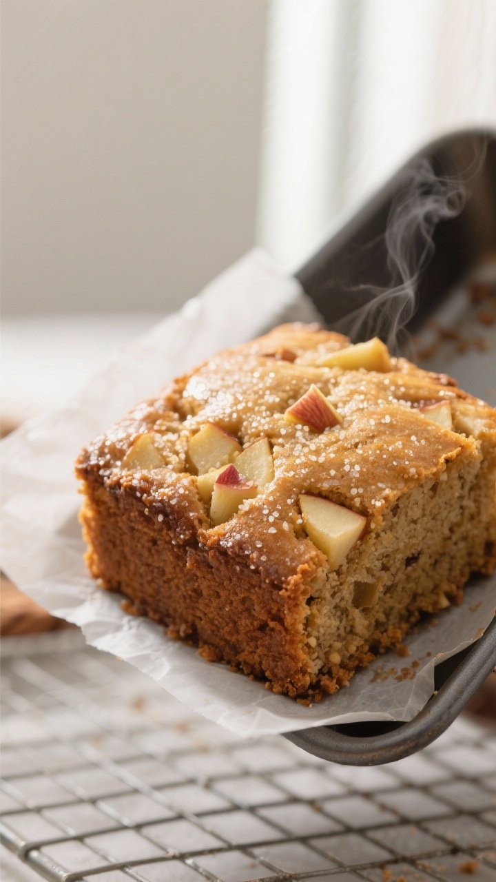 Close-up detail: A just-baked square of Almond Flour Apple Cinnamon Breakfast Cake lifted from the p
