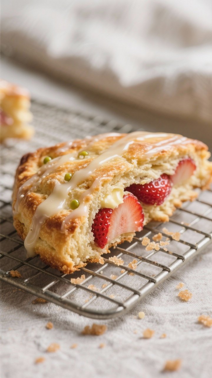 Close-up detail: A just-baked strawberry scone wedge on a cooling rack, edges lightly golden and cri