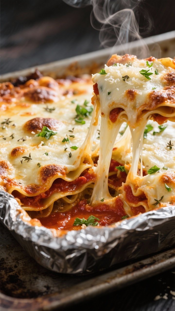 Close-up detail: A just-baked three-cheese lasagna in the pan, foil removed, cheese bubbling and lig