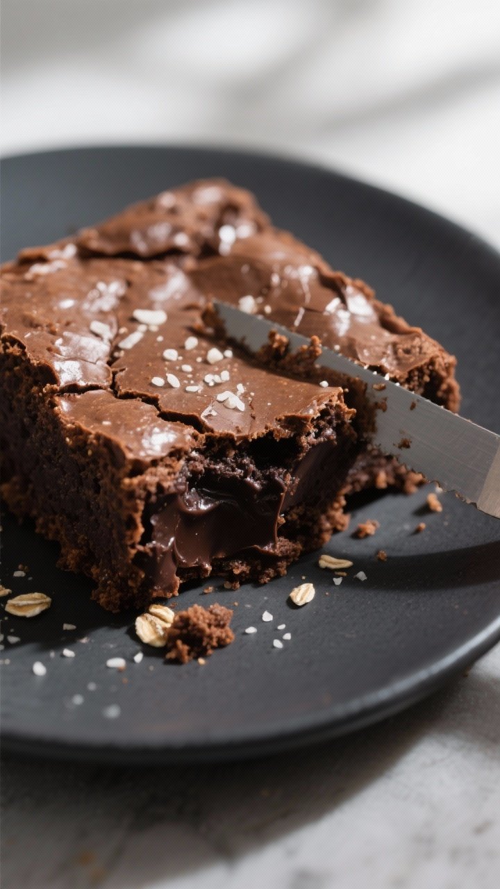 Close-up detail: A just-sliced fudgy oat-flour brownie square with shiny, crackly top and moist crum