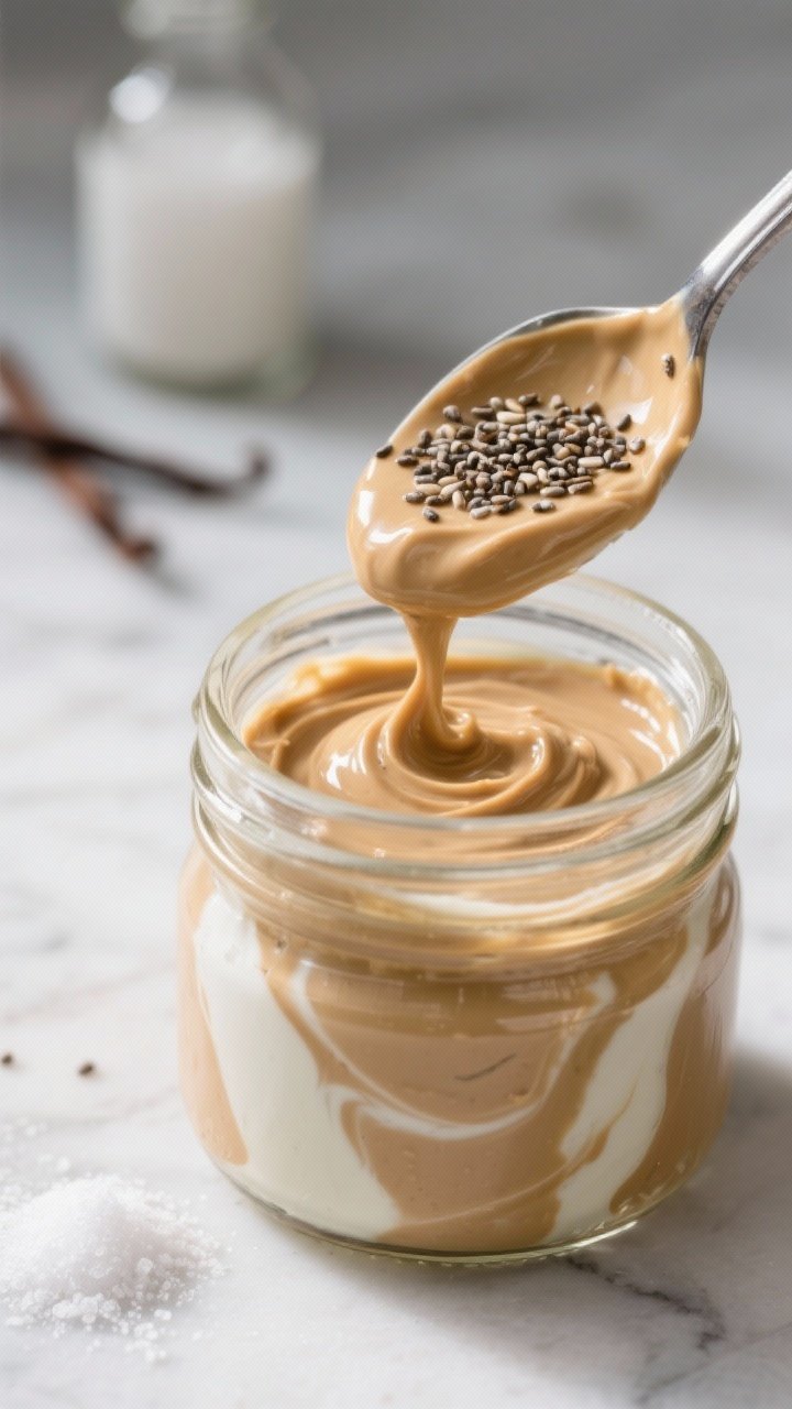 Close-up detail: A mason jar being filled with the whisked Greek yogurt–peanut butter base, visibl