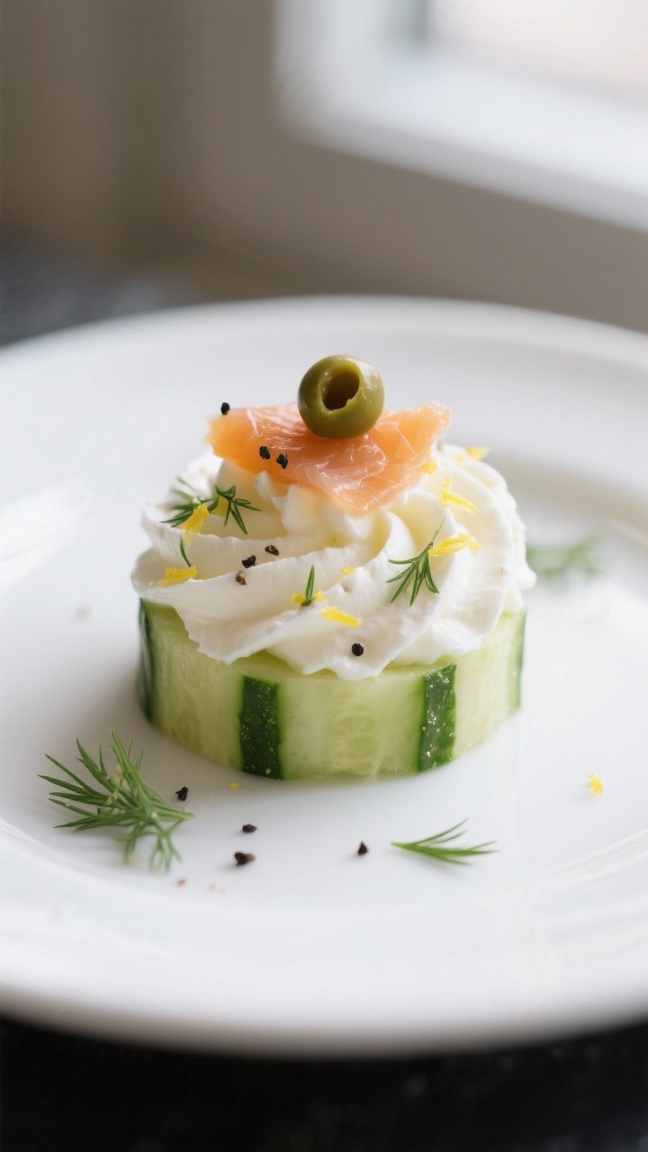 Close-up detail: A prepared mini cucumber cream cheese bite with a piped star-swirl of whipped cream