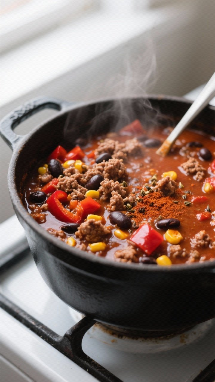 Close-up detail: A rich, simmering pot of protein-packed chili mid-cook, showing glossy, thickened t