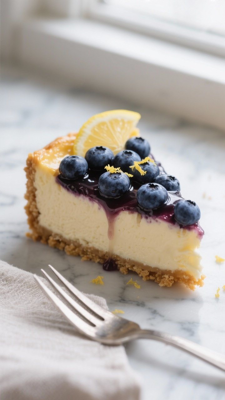 Close-up detail: A slice of baked blueberry cheesecake just after chilling, showing the silky, cream