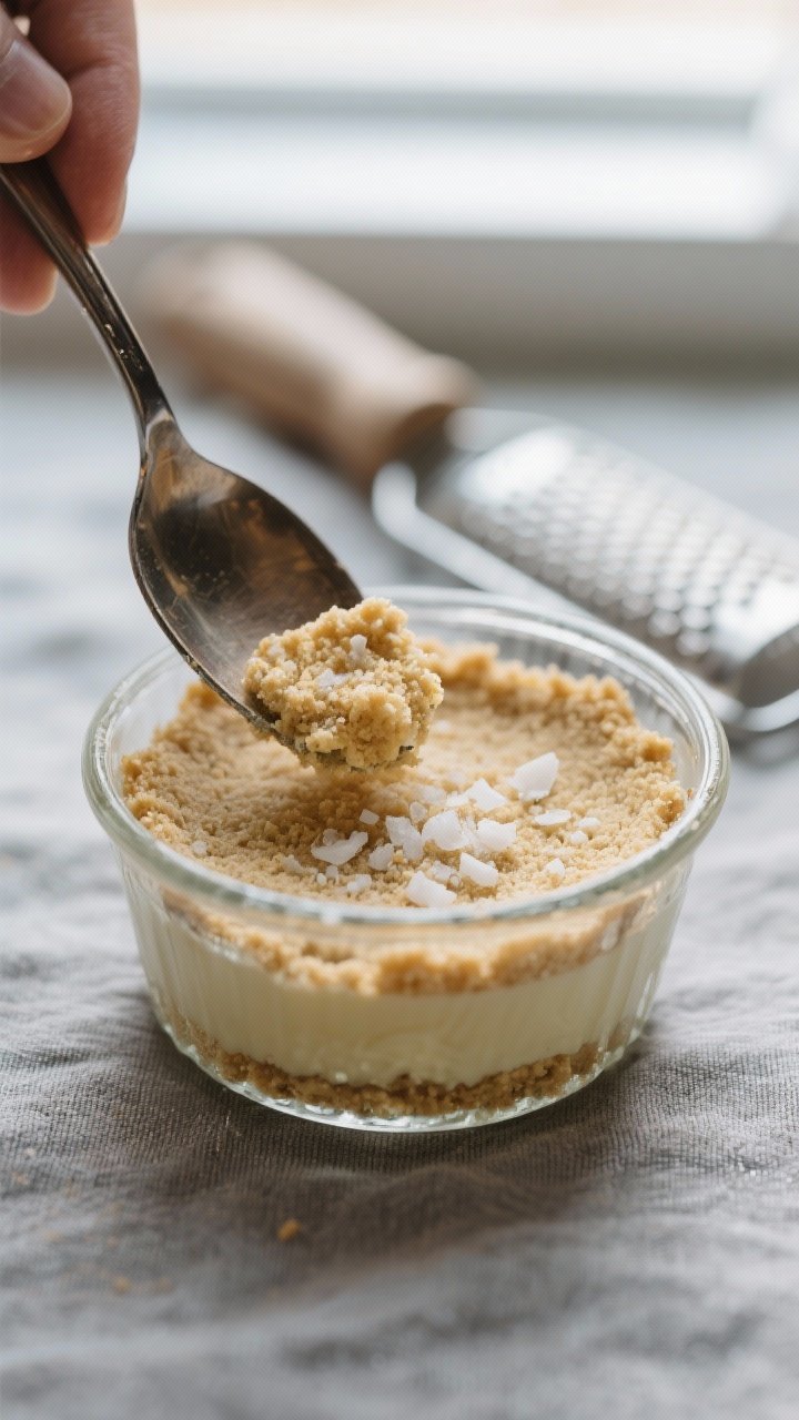 Close-up detail: A spoon gently pressing the buttery almond flour crust layer into small glass desse