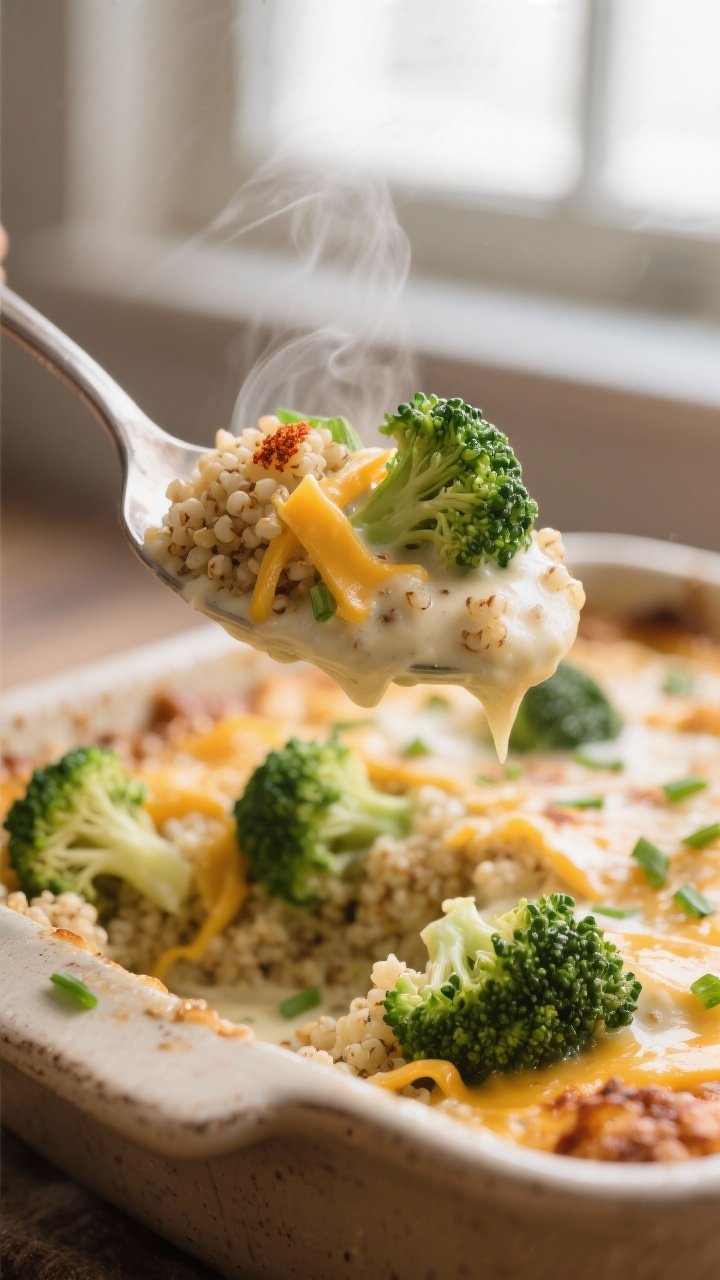 Close-up detail: A spoonful lifted from a freshly baked broccoli cheddar quinoa casserole, showing c