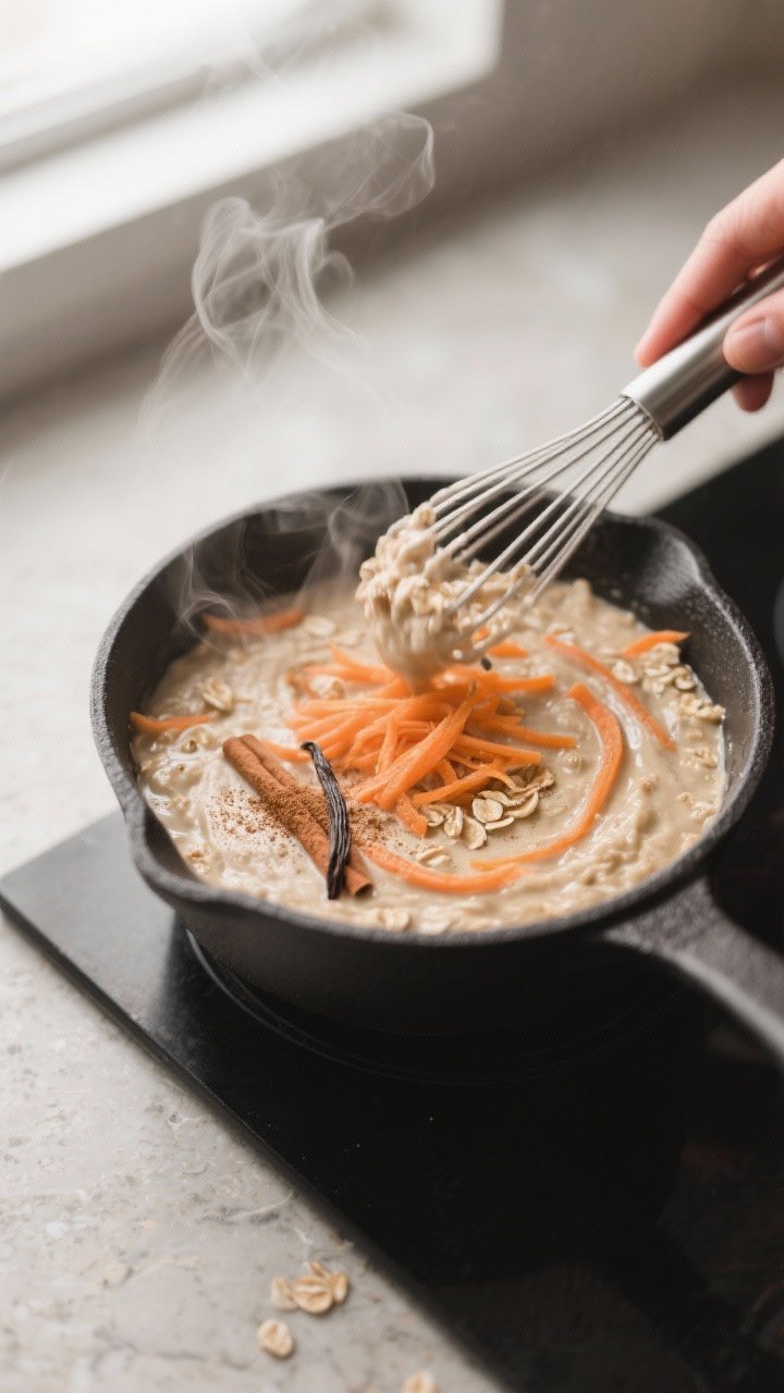 Close-up detail: A steaming, creamy carrot cake oat mixture just off the stovetop in a small matte-b
