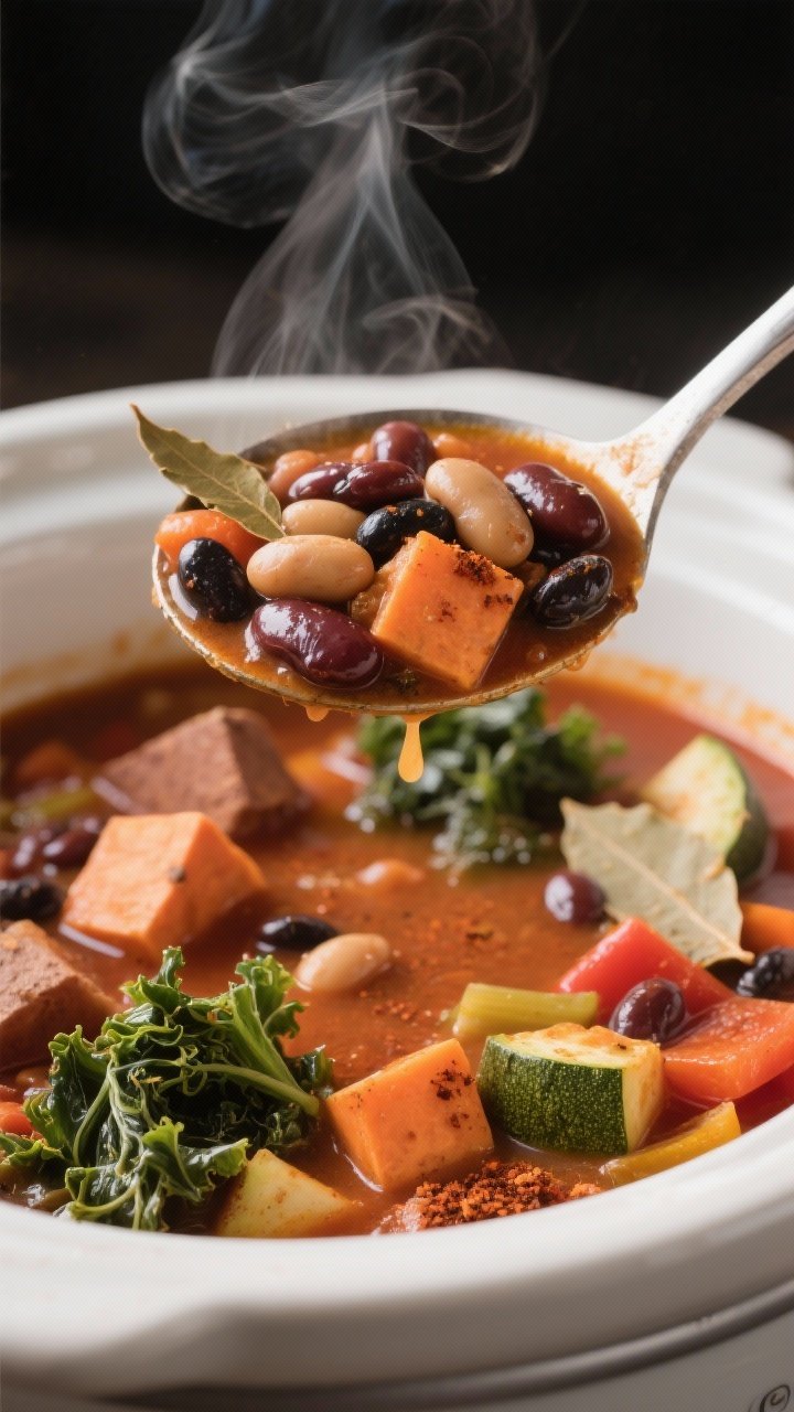 Close-up detail: A steaming ladle scooping the bean-loaded vegetable stew from a crockpot, showcasin