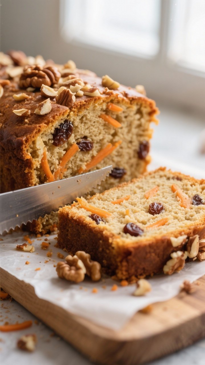 Close-up detail: A thick slice of almond flour carrot cake loaf just cut with a serrated knife, show