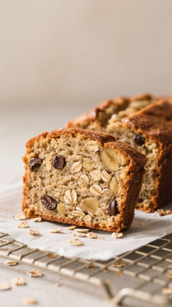Close-up detail: A thick slice of baked oatmeal banana quick bread just cut, showing a moist, tender