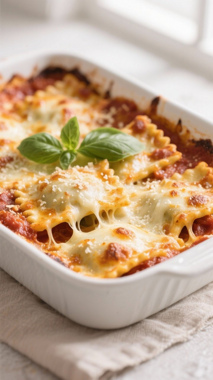 Close-up detail: Cheesy Italian ravioli bake just out of the oven, bubbling marinara around toasted