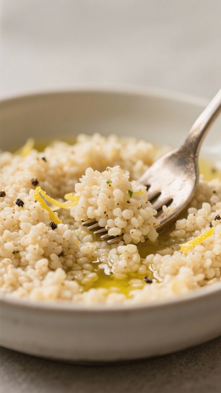 Close-up detail: Fluffy couscous just fluffed with a fork and cooling in a wide bowl, each grain dis