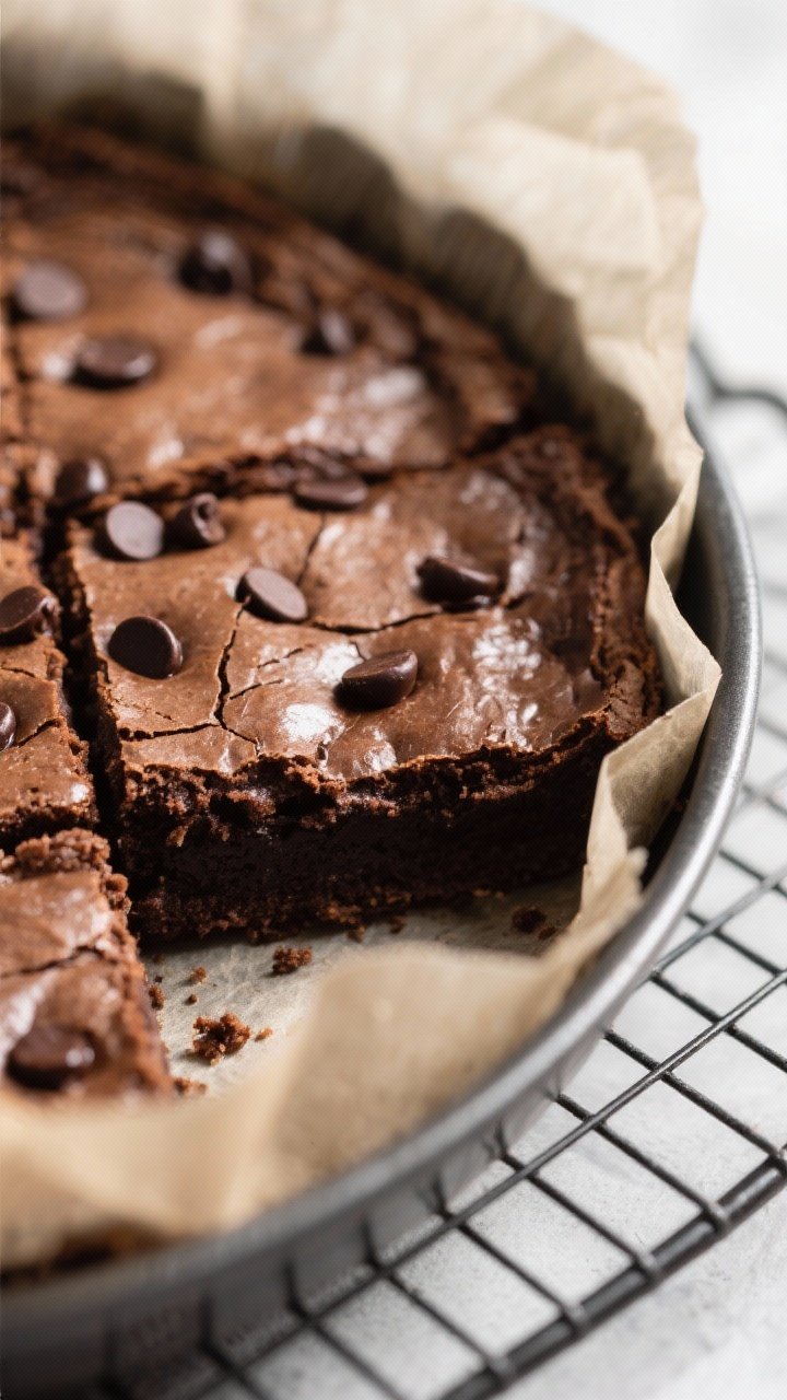 Close-up detail: Freshly baked almond flour brownies just out of the 8-inch parchment-lined pan, edg