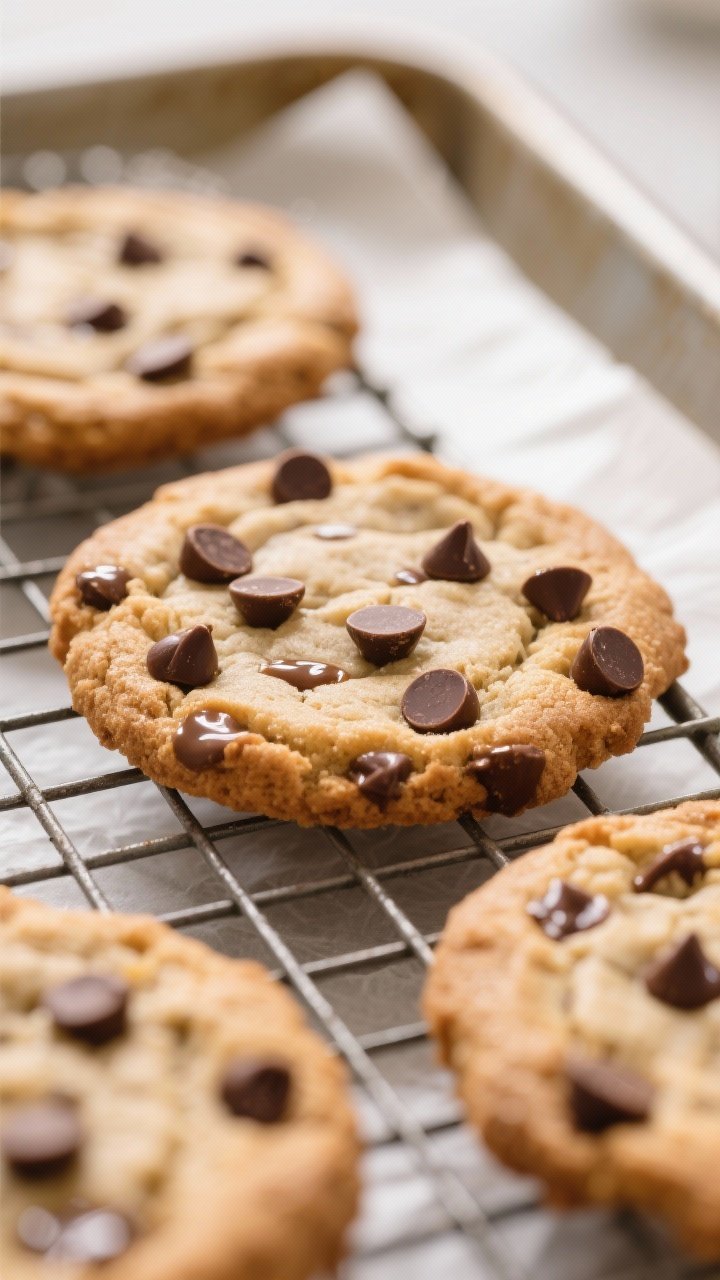 Close-up detail: Freshly baked high-protein chocolate chip yogurt cookies cooling on a wire rack, ed