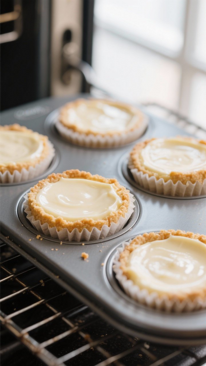 Close-up detail: Freshly baked mini cheesecake bites still in paper liners inside a muffin tin, cent