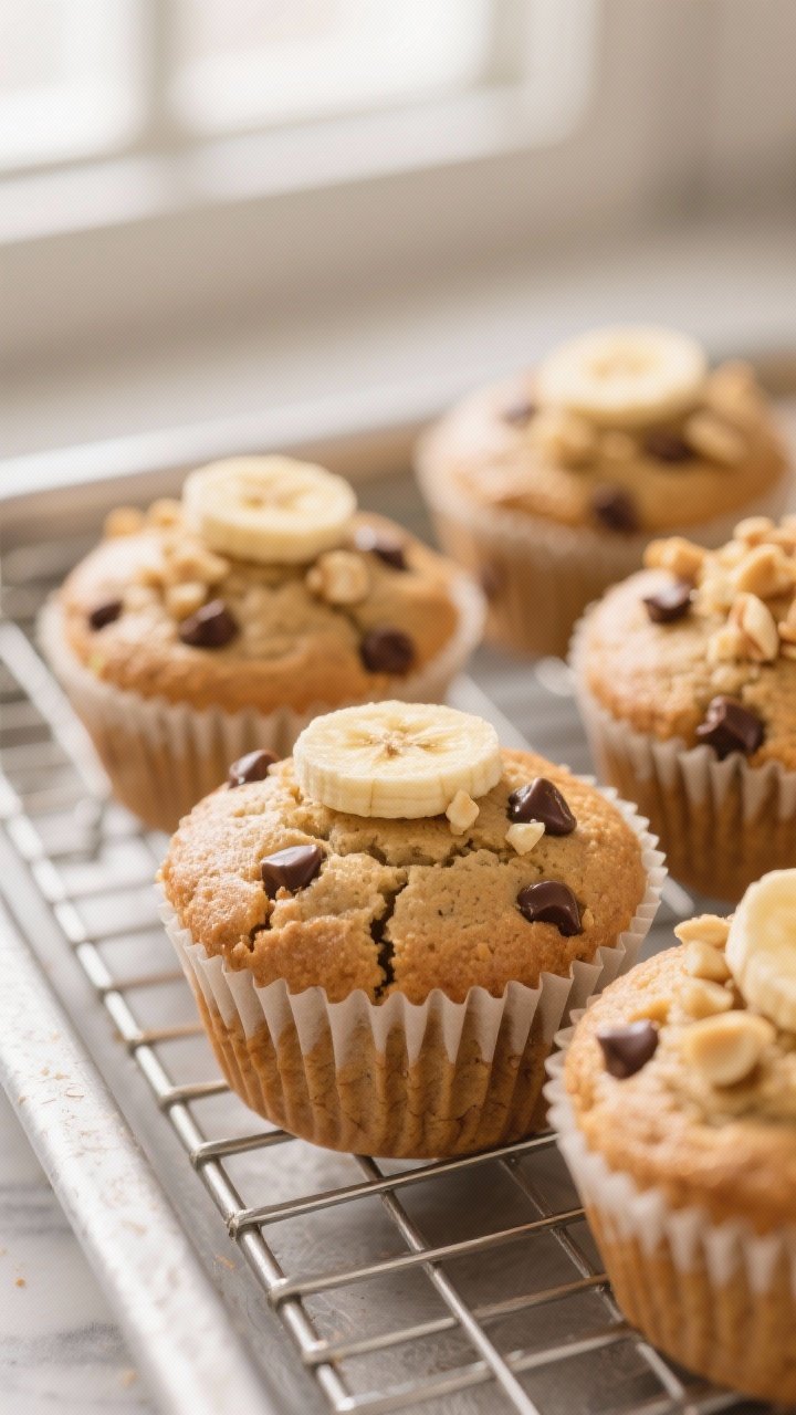 Close-up detail: Freshly baked peanut butter banana protein muffins just out of the oven, domed tops