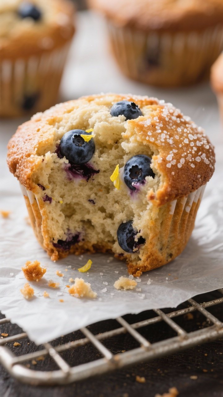 Close-up detail: freshly baked sourdough discard blueberry yogurt muffin torn open to reveal moist, 
