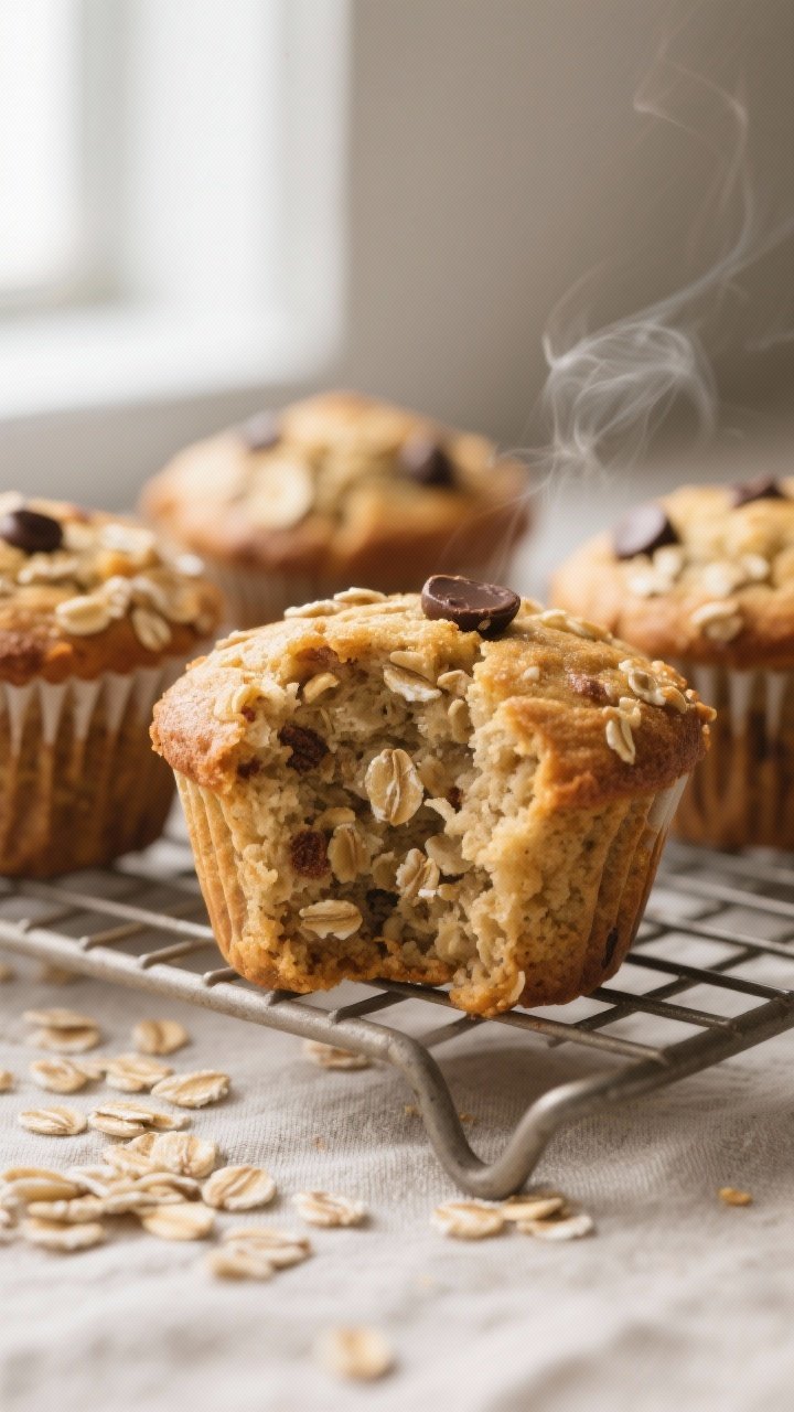 Close-up detail: Freshly baked sourdough discard banana oat muffins just out of the oven, one muffin