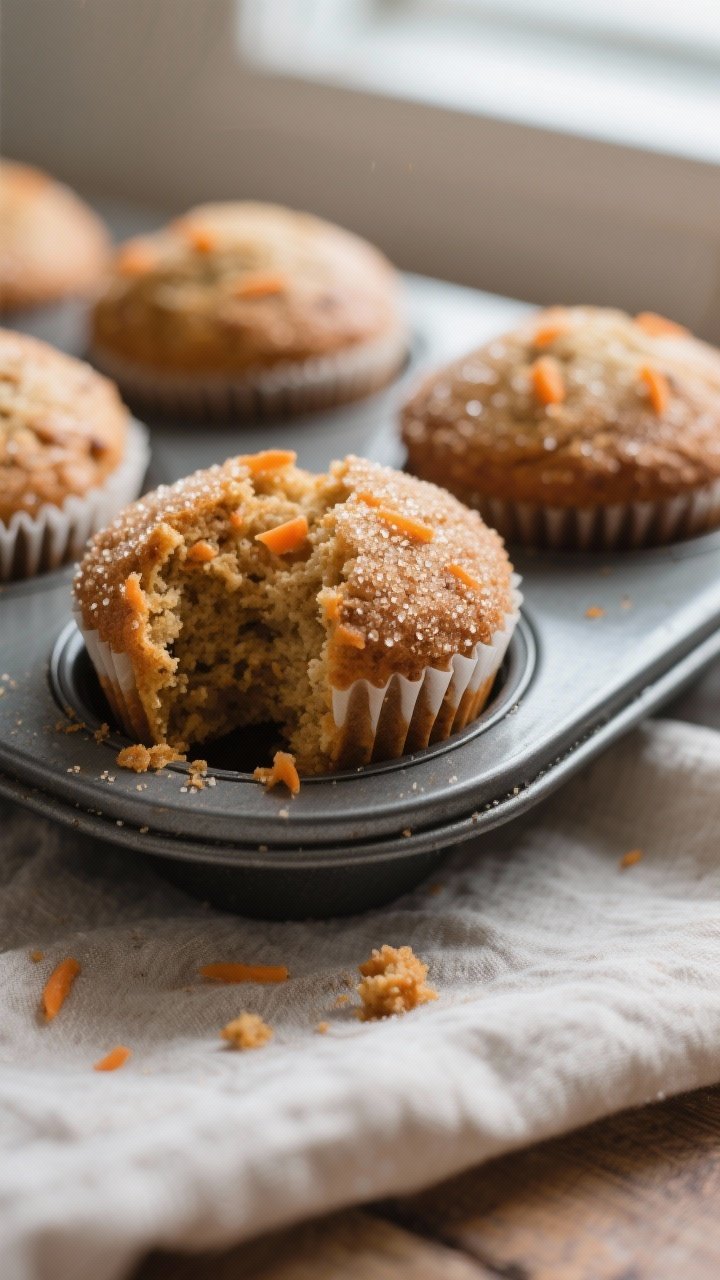 Close-up detail: Freshly baked sourdough discard carrot cake muffins just out of the tin, domed tops