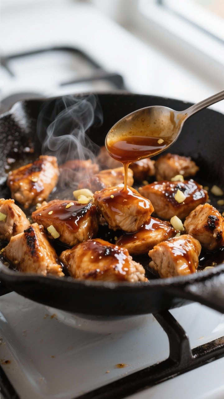Close-up detail: Glossy teriyaki chicken bites sizzling in a skillet, coated in a thick, lacquered s