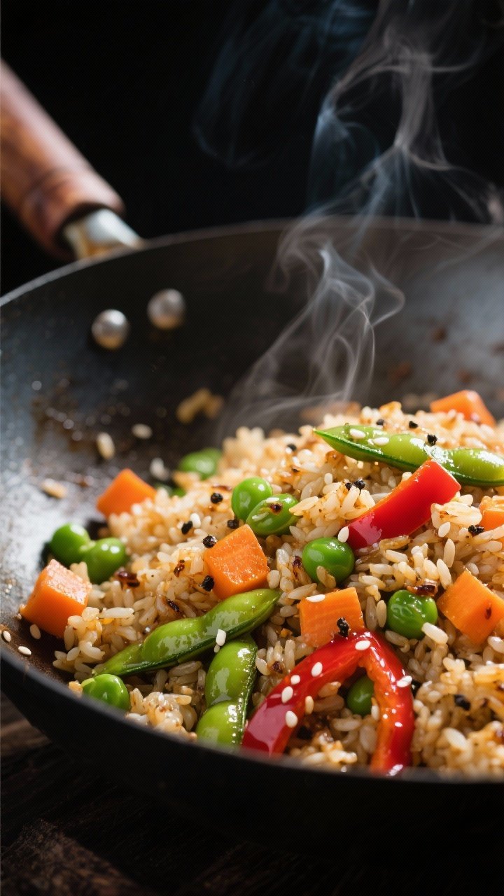 Close-up detail: High-protein veggie fried rice sizzling in a carbon steel wok, rice grains toasty a