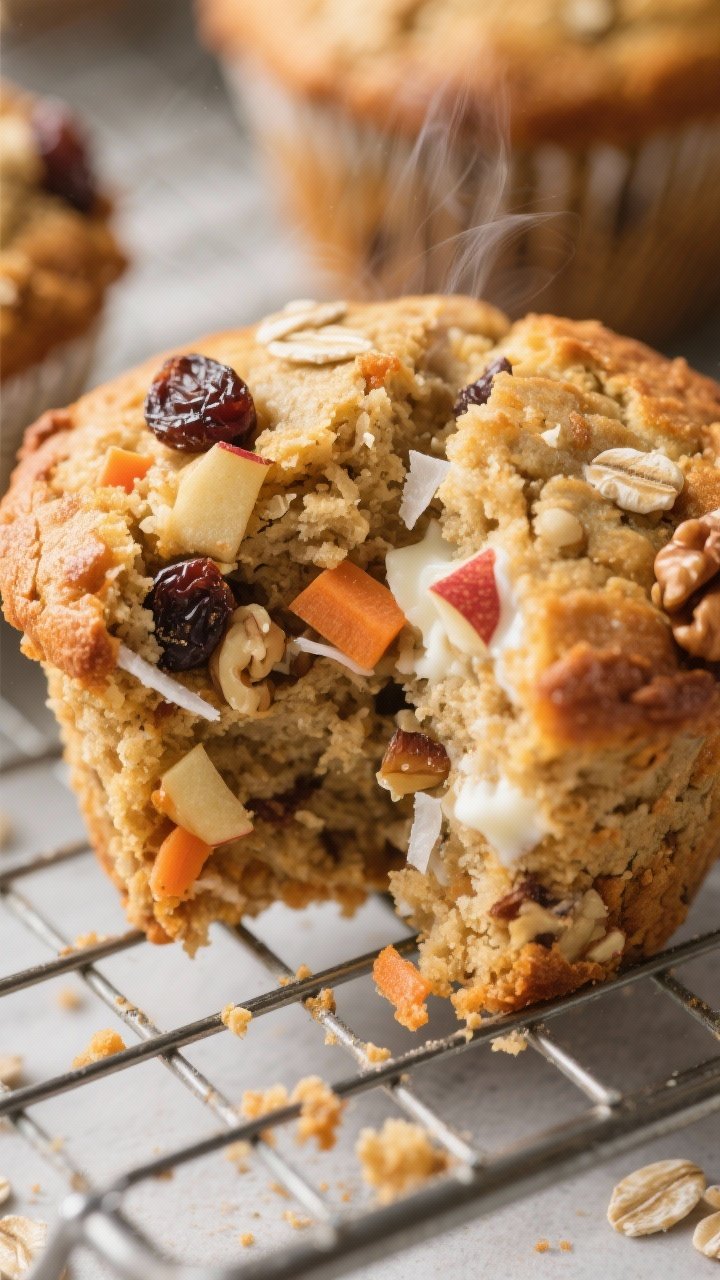 Close-up detail — Just-baked muffin crumb and mix-ins: Extreme close-up of a split, steaming Prote