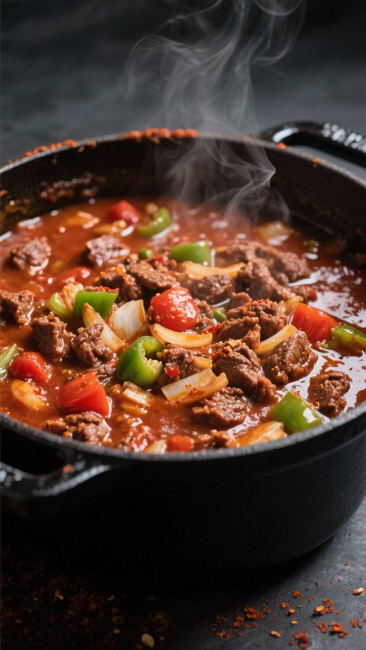 Close-up detail: Low-carb chili mid-simmer in a matte black Dutch oven, showing glossy, thickened me