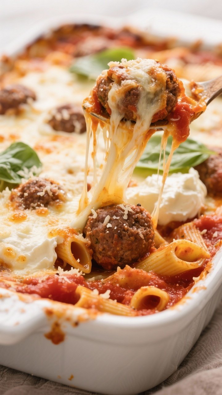 Close-up detail: Melted, bubbly cheese blanket over a meatball pasta bake just out of the oven, with