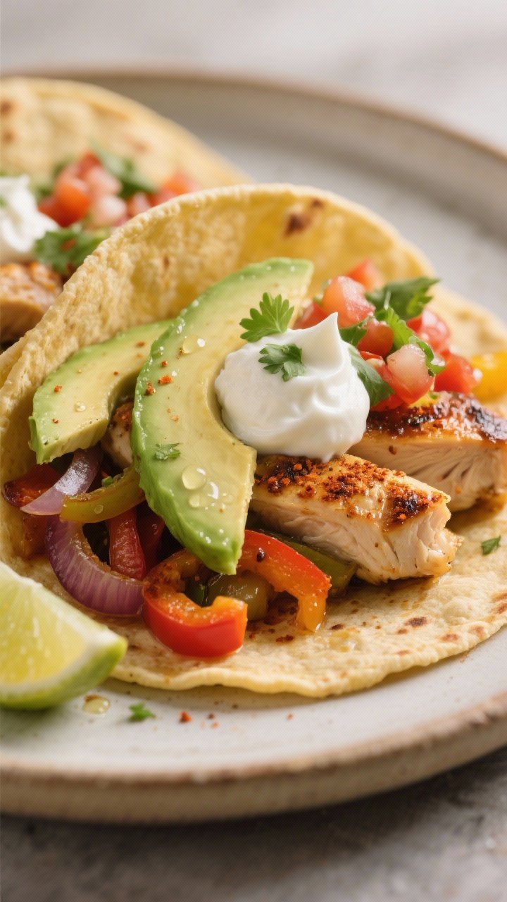 Close-up detail of assembled fajita taco: warm corn tortilla folded around juicy roasted chicken, vi