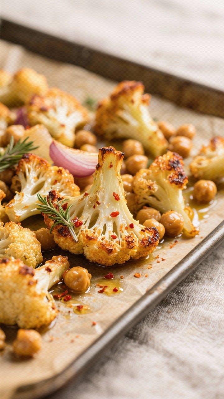 Close-up detail: Roasted cauliflower florets and chickpeas just out of the oven on a parchment-lined