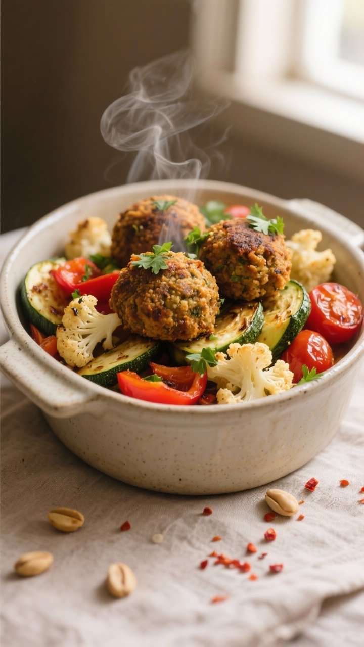 Close-up detail: Rustic clumps of baked falafel topping nestled over roasted cauliflower, zucchini h