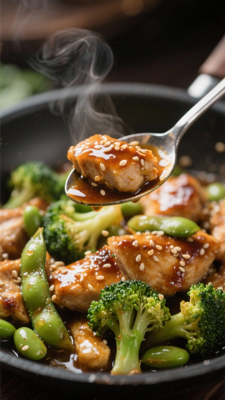 Close-up detail — saucy, glossy finish: Macro close-up of a spoonful lifted above the skillet show