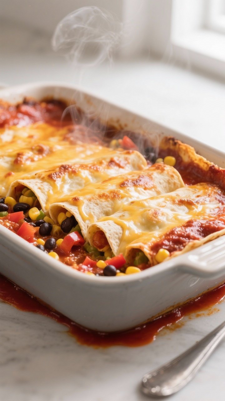 Close-up detail shot: A bubbling, just-uncovered enchilada-style casserole in a 9x13 baking dish at 
