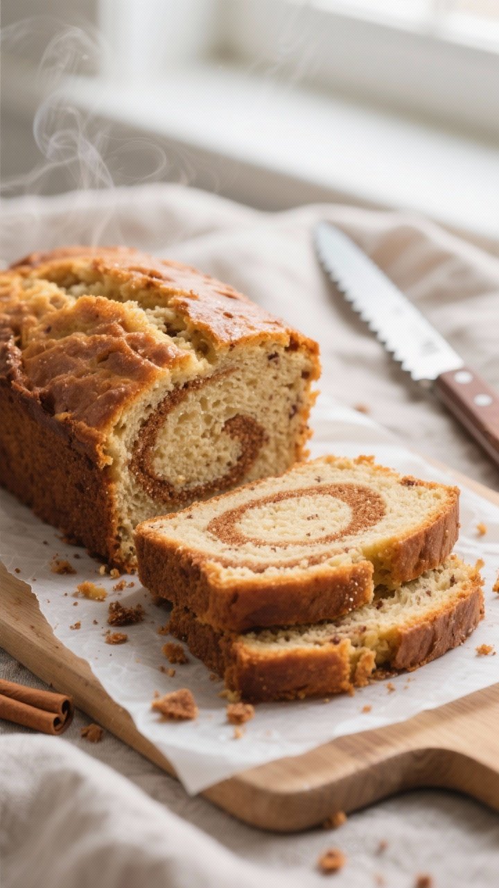 Close-up detail shot: A freshly baked slice of applesauce cinnamon quick bread, still warm, showing