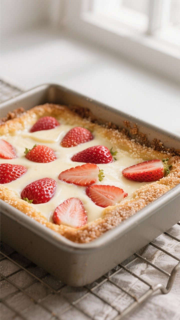 Close-up detail shot: A freshly baked strawberry yogurt bake just out of the oven in an 8x8 pan, edg