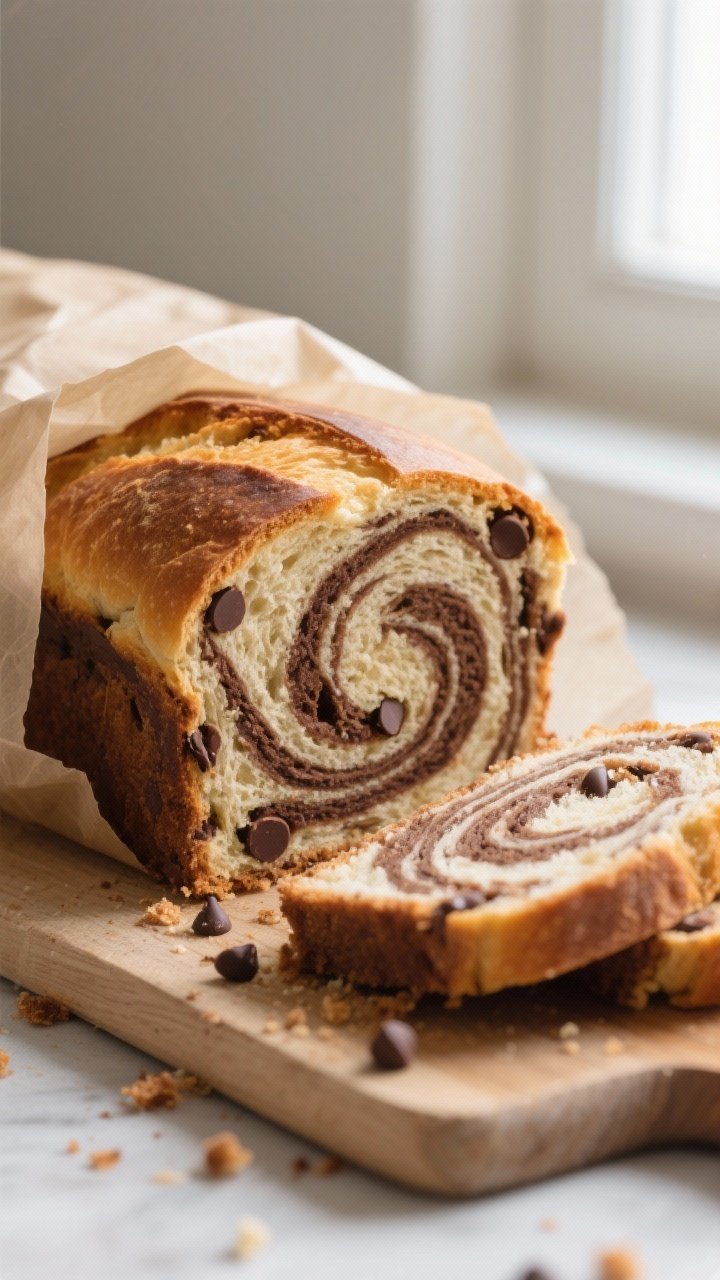 Close-up detail shot: A freshly sliced sourdough discard marble loaf showing dramatic vanilla-and-co