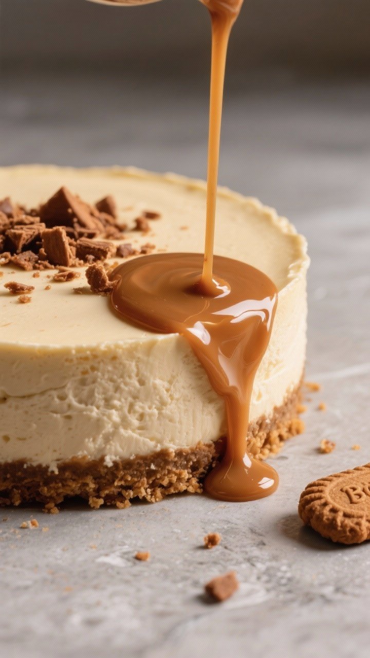 Close-up detail shot: A glossy pour of warm Biscoff topping cascading over a fully chilled Biscoff c