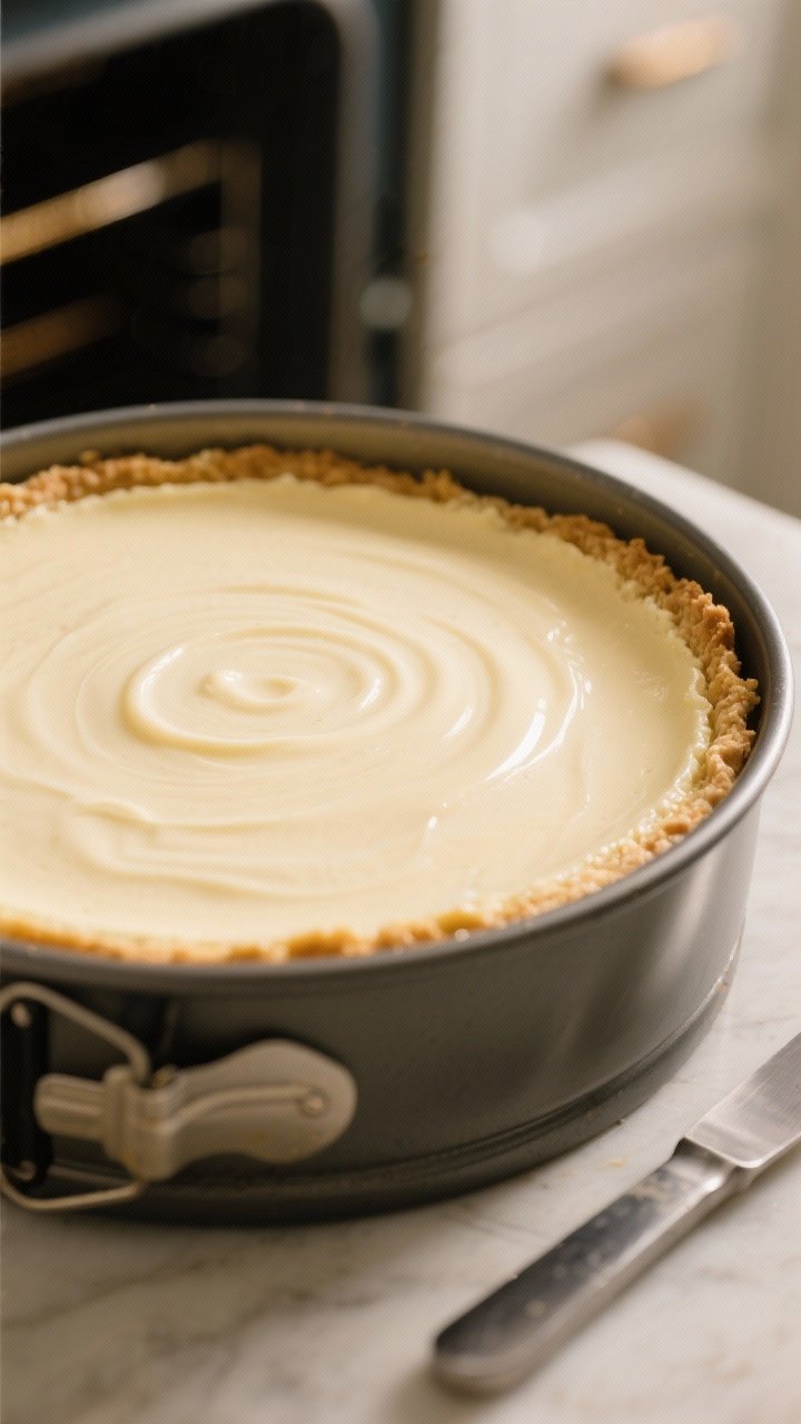Close-up detail shot: A just-baked cheesecake still in the 9-inch springform pan, edges set and slig
