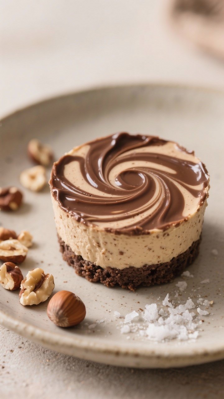 Close-up detail shot: A single no-bake chocolate hazelnut cheesecake cup just after swirling, showin
