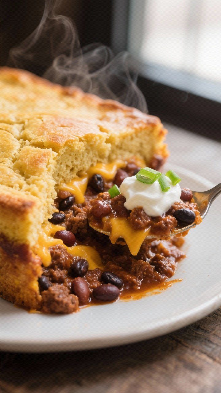 Close-up detail shot: A spoon scooping into the baked chili casserole to reveal the layers—thick, 