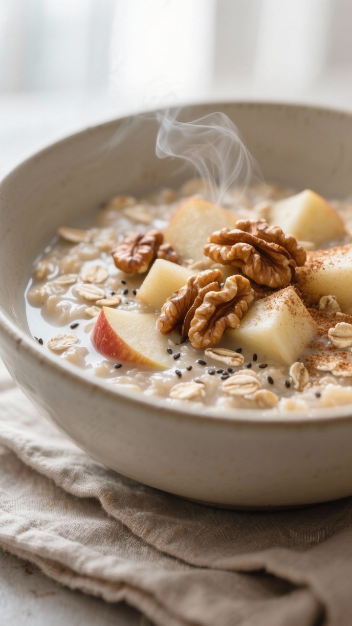Close-up detail shot: Creamy apple walnut oatmeal just off the stove, showing tender cinnamon-simmer