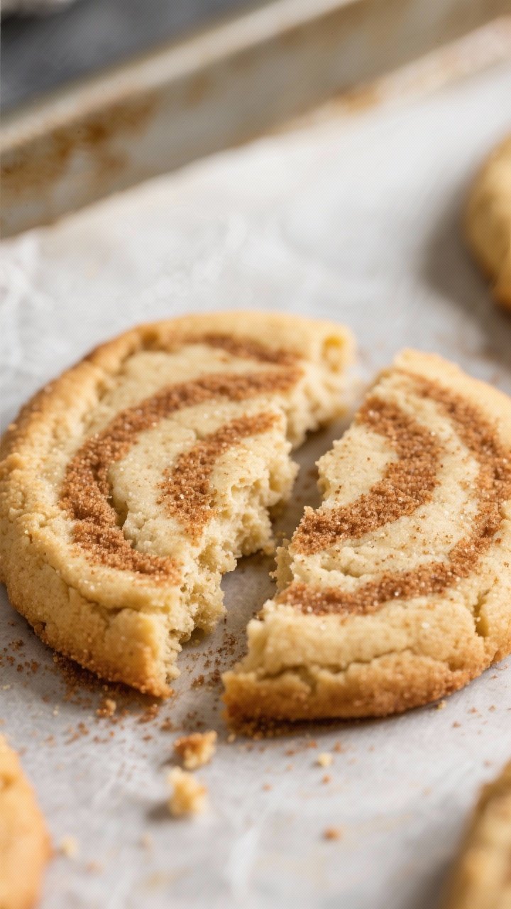 Close-up detail shot: Freshly baked almond flour snickerdoodle cookie just off the sheet, edges ligh