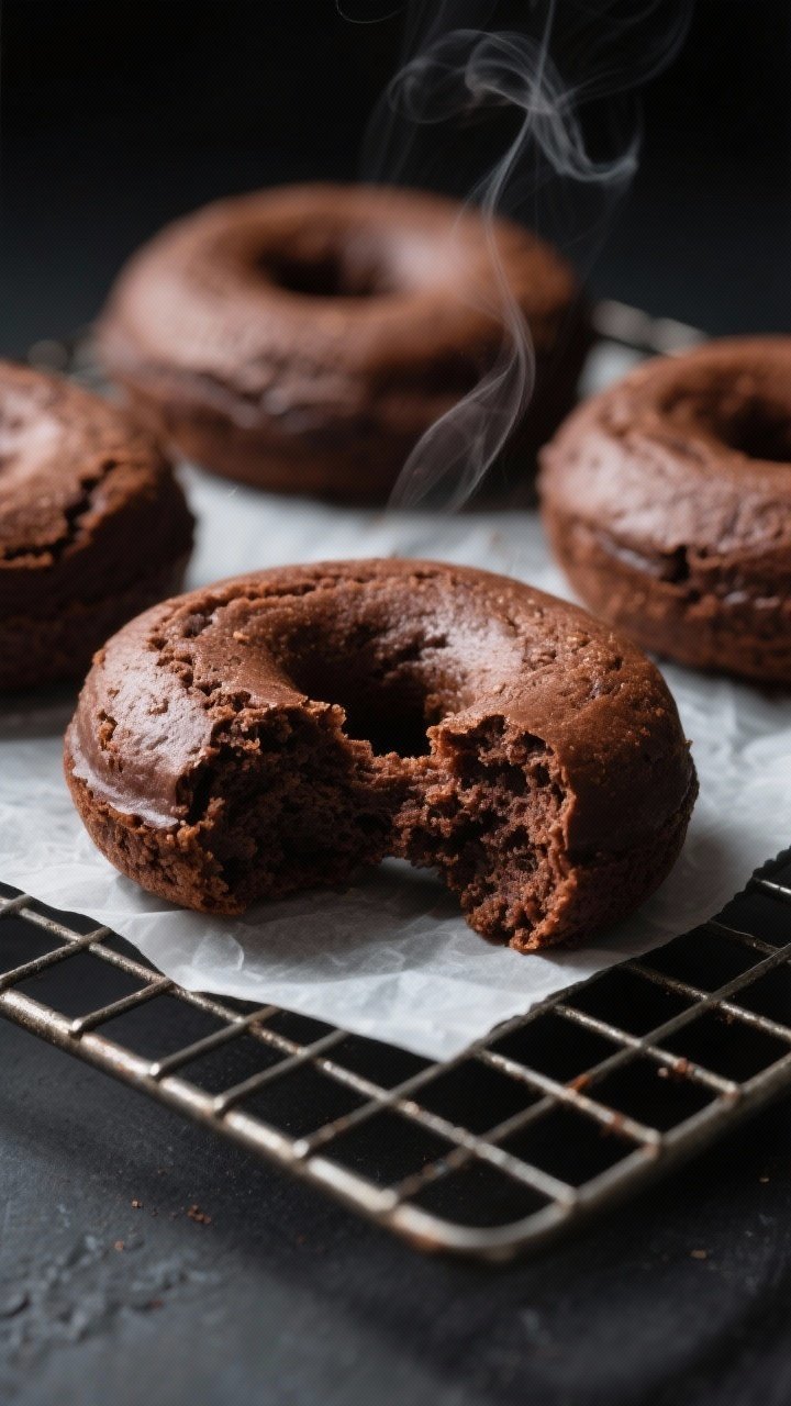 Close-up detail shot: freshly baked chocolate cake donuts just turned out onto a wire rack, matte co