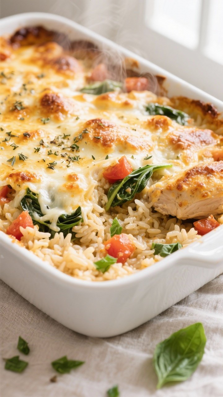 Close-up detail shot: Golden, bubbly Italian Chicken and Rice Casserole just out of the oven, melted