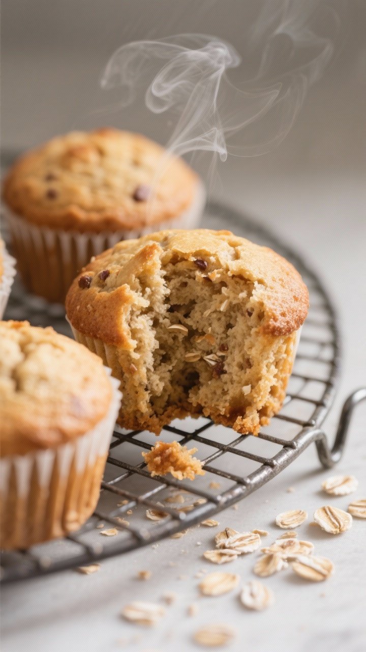 Close-up detail shot: Just-baked applesauce muffins cooling on a wire rack, one muffin torn open to 