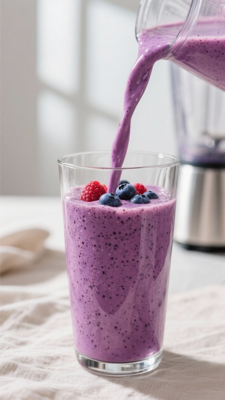 Close-up detail shot of a freshly blended mixed berry protein breakfast shake being poured in a slow
